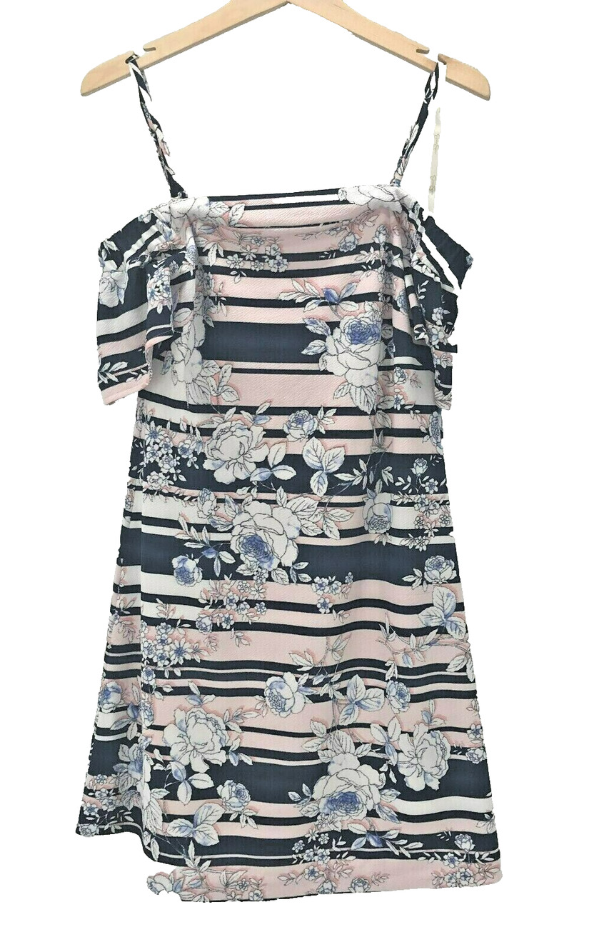 Jessica Simpson Dress Womens 8 Blue Stripe Floral Off The Shoulder ALine Stretch